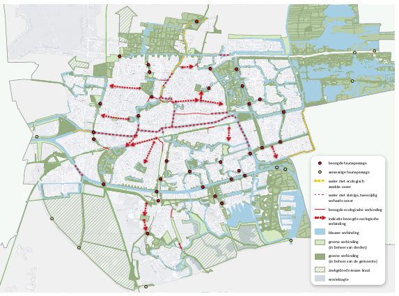 Afbeelding 16: Leeuwarder ecologische structuur Leeuwarden stad. Groenblauwe kralen, verbindingen tussen de kralen en knelpunten in die verbindingen, binnen de Haak.