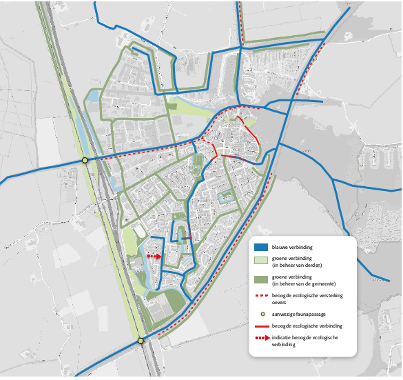 Afbeelding 18: Leeuwarder ecologische structuur: Grou. Groenblauwe kralen, verbindingen tussen de kralen en knelpunten in die verbindingen, binnen de bebouwde kom van Grou.