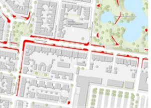 Afbeelding 5: Straatbeeld met onnodige verharding en te kleine boomspiegels in de Fonteinstraat. Op de kaart staat de onnodige verharding in rood aangegeven.